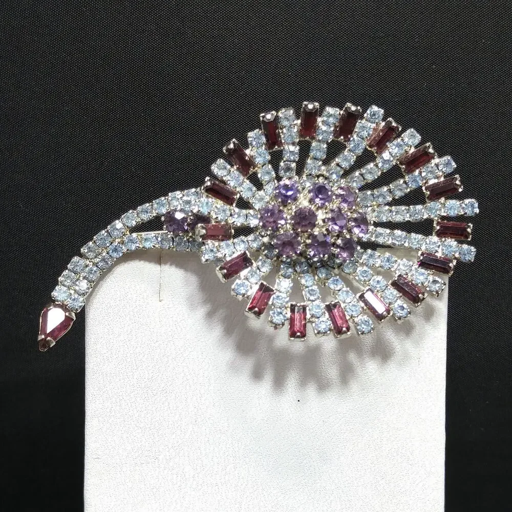 Vintage Hobe Rhinestone Brooch Purple Blue Rhodium Signed